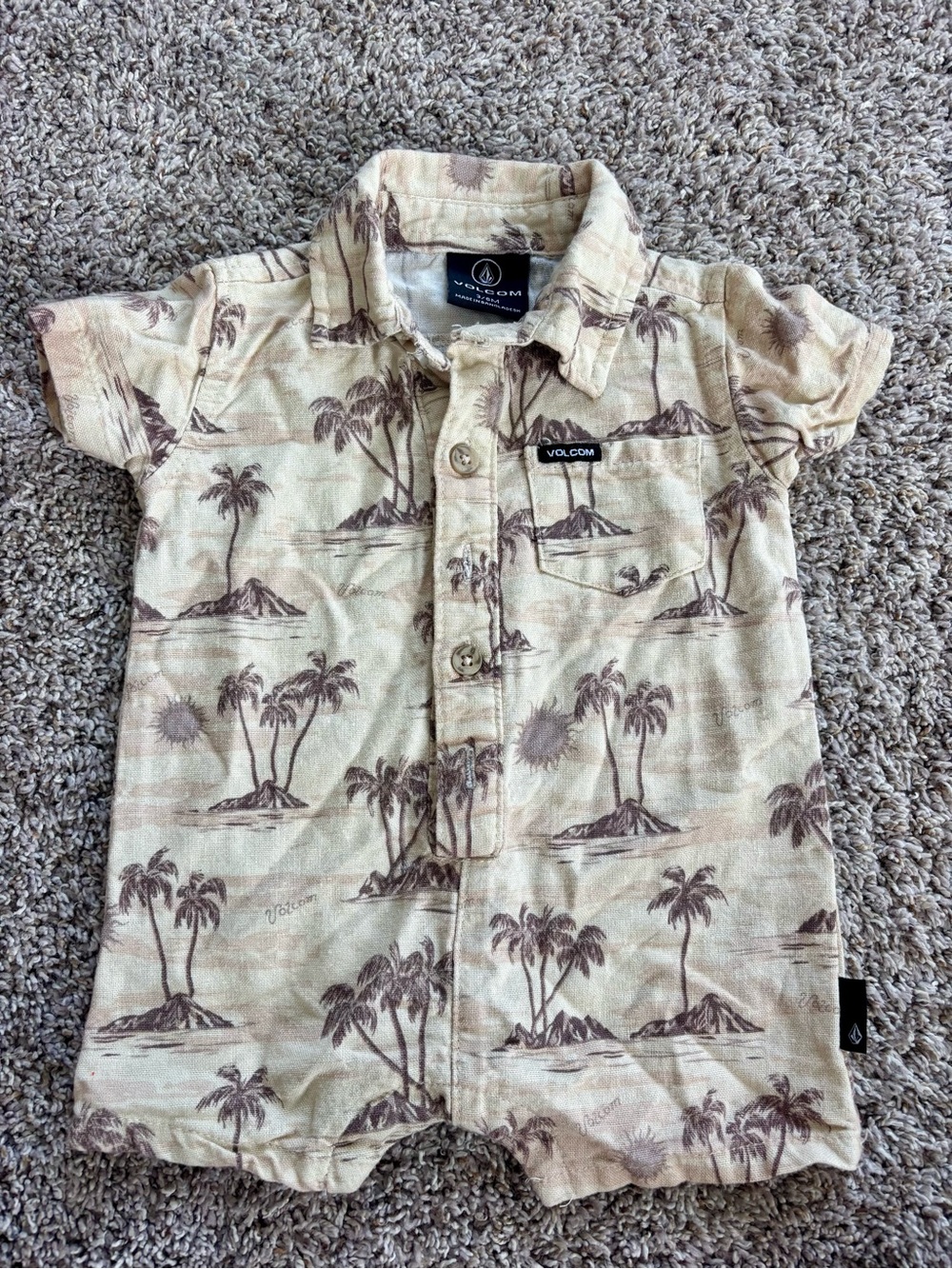 Volcom Baby Boy Paradise Tropical Palm Tree Romper Tan Size 3/6M